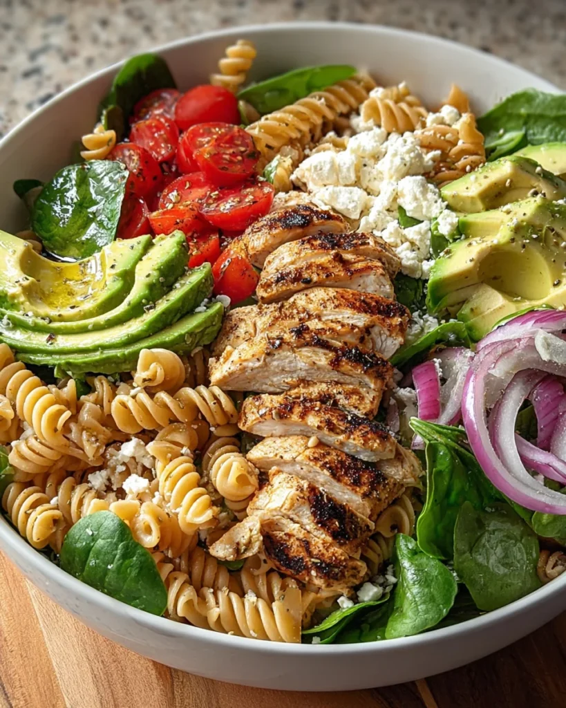Healthy Chicken Pasta Salad with Avocado Tomato