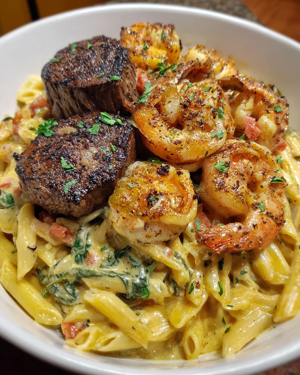 Blackened Steak Shrimp Alfredo