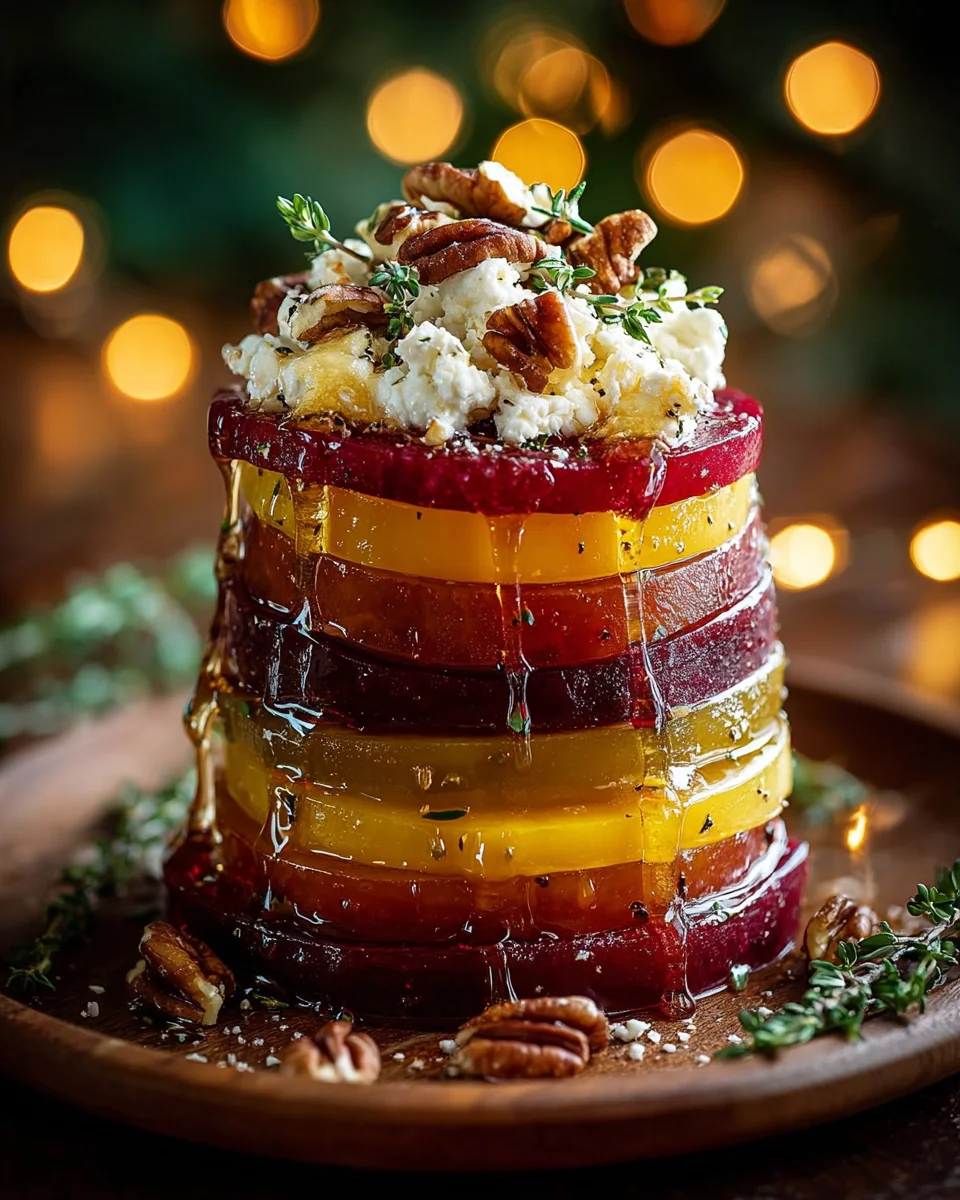 Caramelized Beet & Pear Towers with Feta Snow