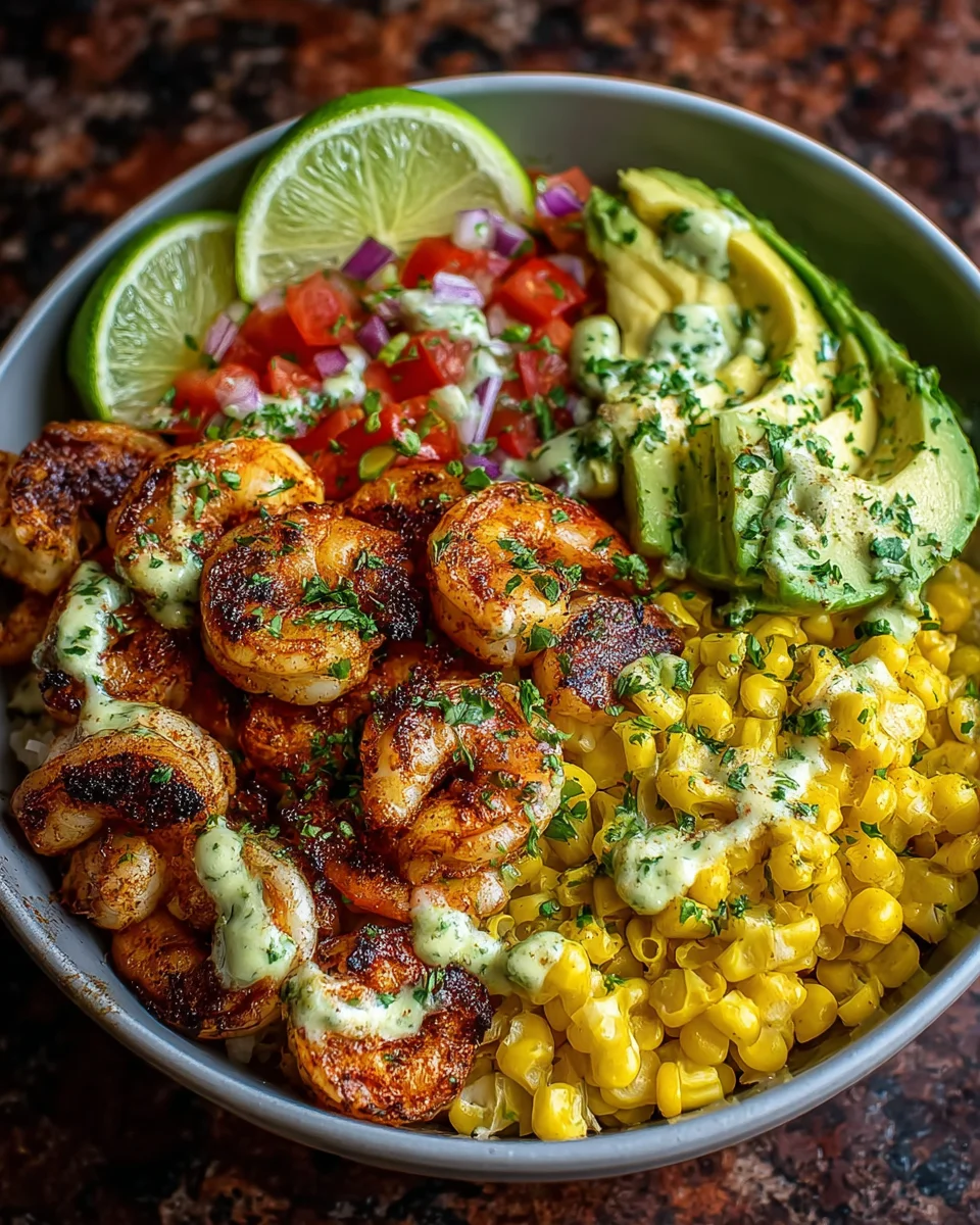 Grilled Shrimp Bowl With Avocado, Corn Salsa & Creamy Garlic Sauce