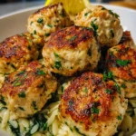 Lemony Chicken Ricotta Meatballs on Creamy Garlic Orzo