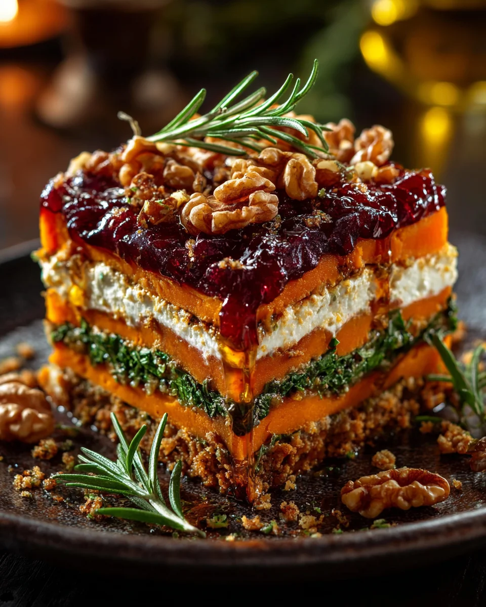 Layered Sweet Potato, Butternut Squash, Carrot Lasagna with Feta, Walnuts, and Cranberry-Honey Glaze