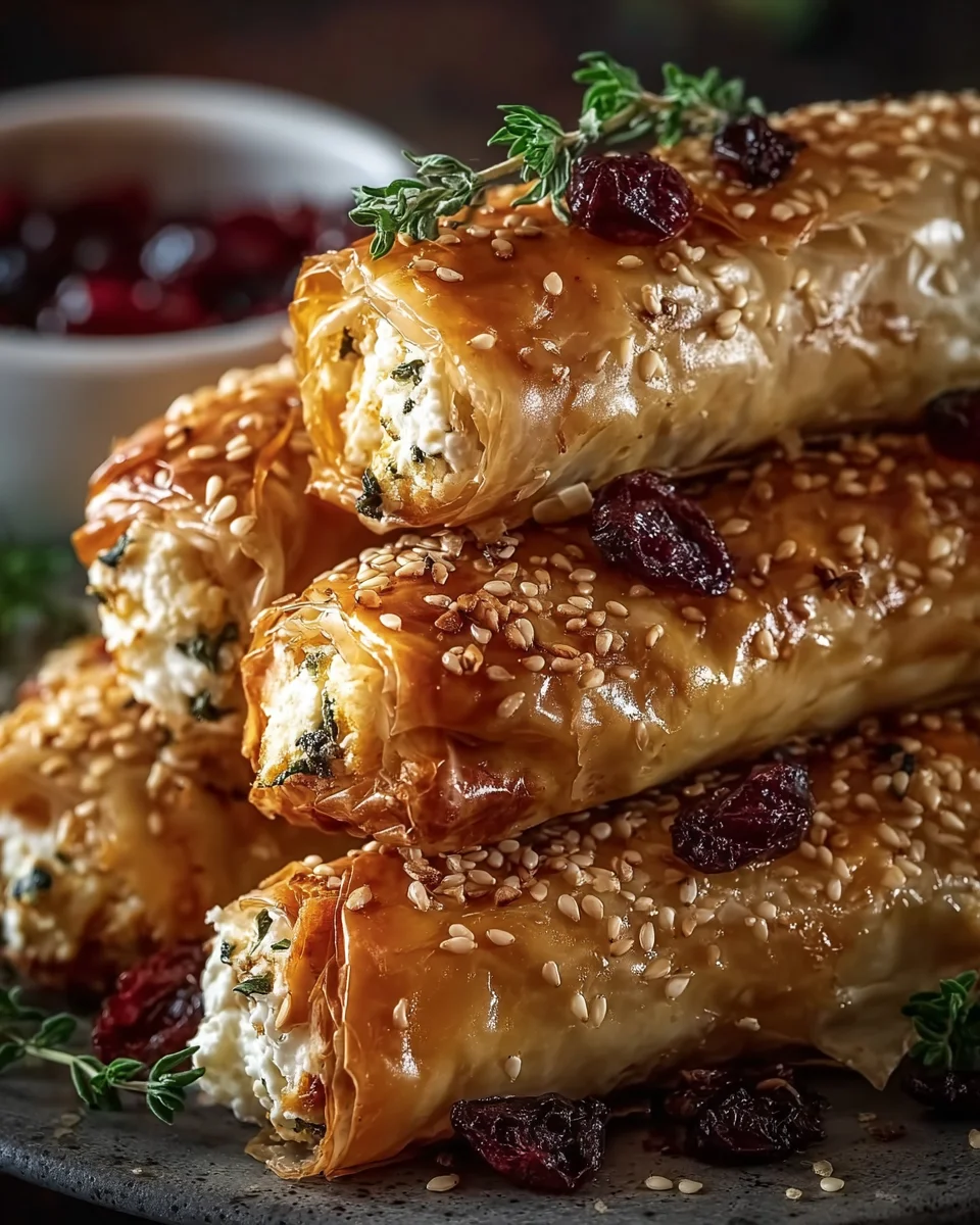 Golden Baked Feta Rolls with Sweet Cranberry Honey
