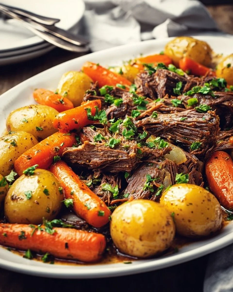 Delicious Crock Pot pot roast served with vegetables on a plate