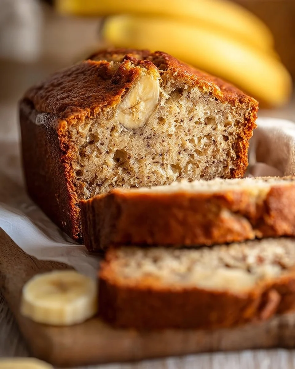 Slice of easy moist banana bread on a wooden table