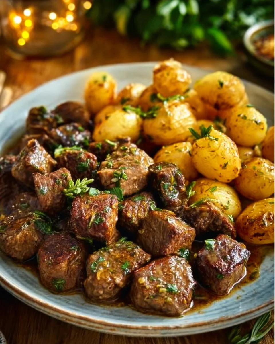 Delicious Garlic Butter Beef Bites served with golden potatoes.