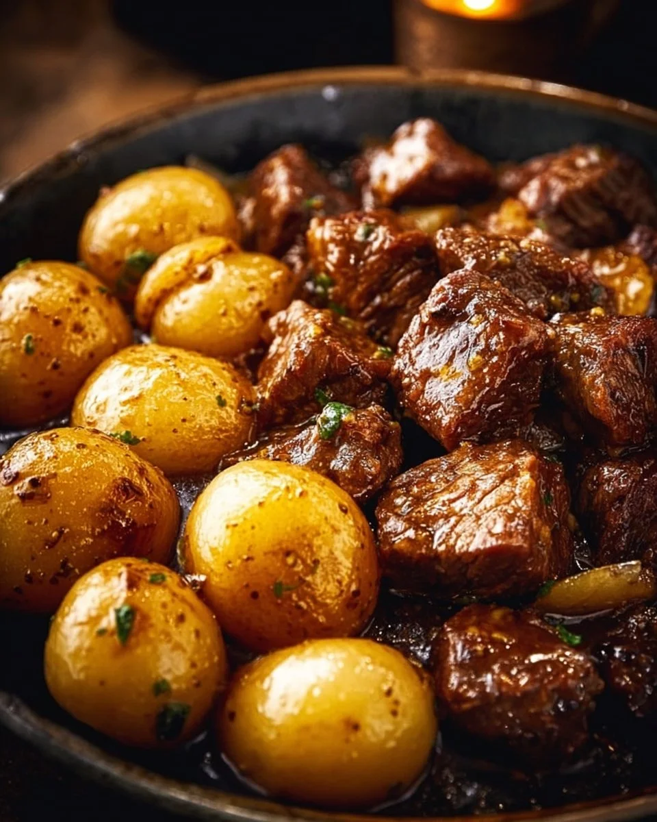 Garlic butter beef bites served with tender potatoes on a plate