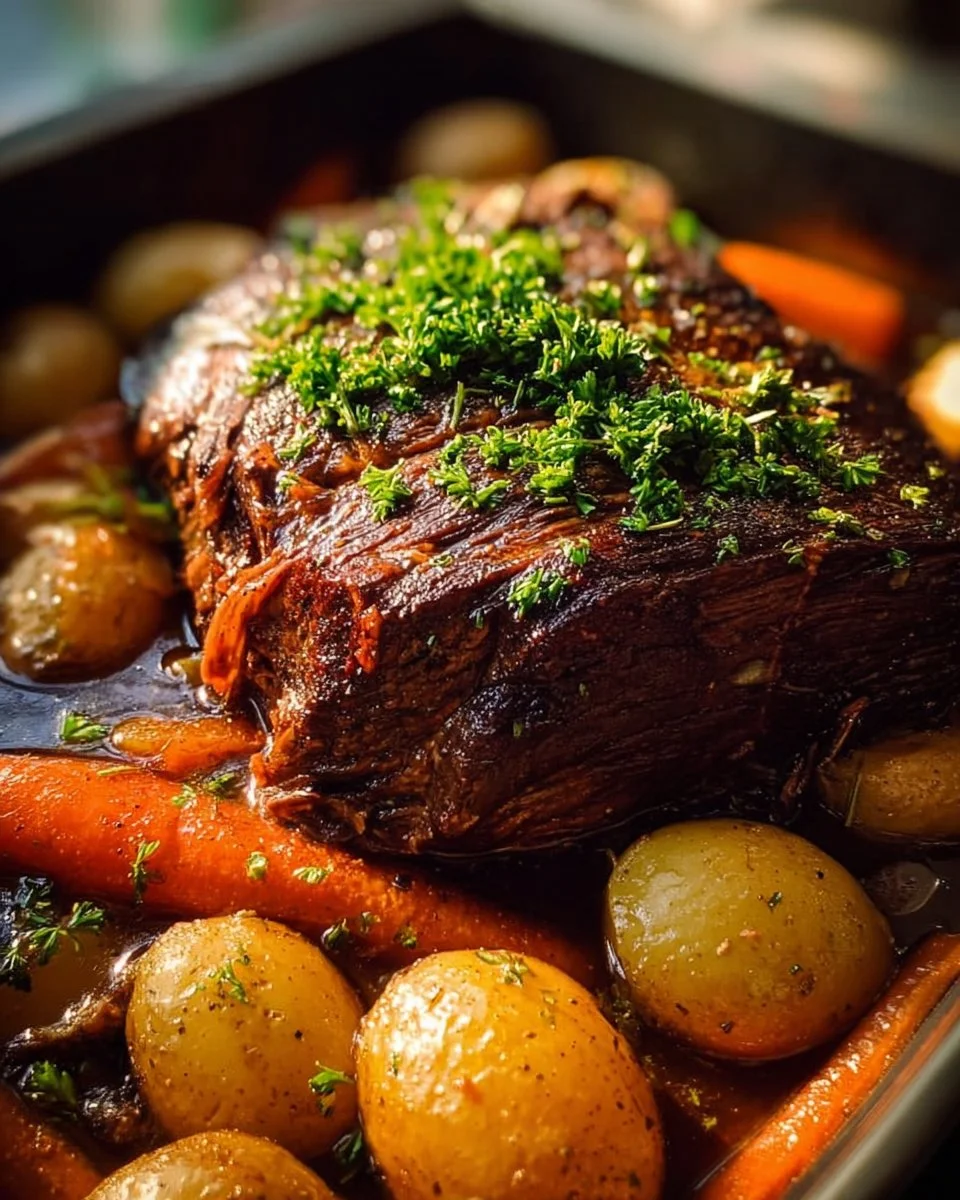 Tender and flavorful pot roast made in a slow cooker, ready to serve.