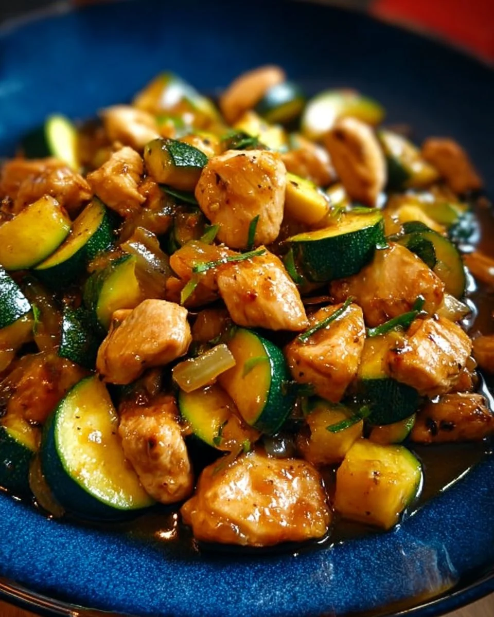 Delicious chicken zucchini stir fry in a vibrant mix of vegetables.