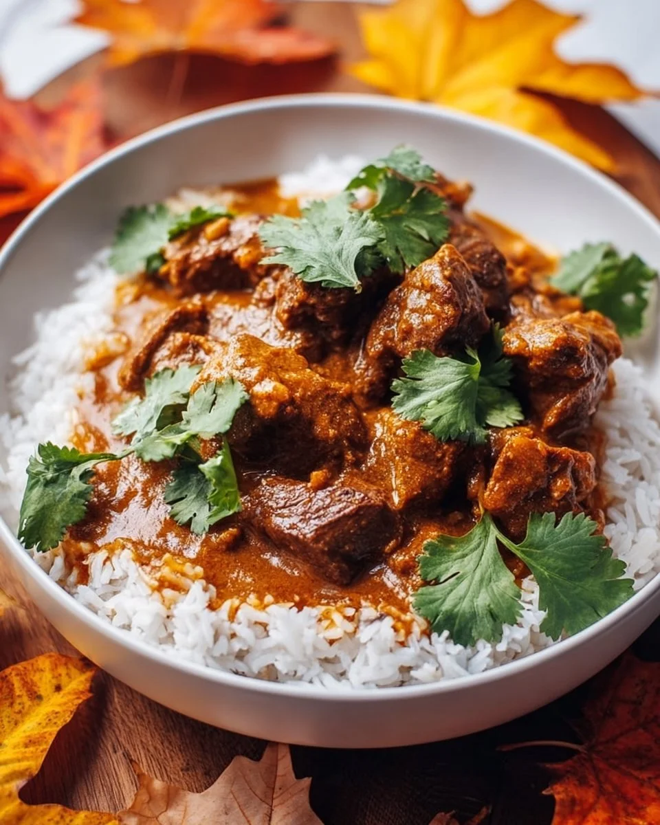 Delicious Slow Cooker Beef Coconut Curry served in a bowl with fresh herbs
