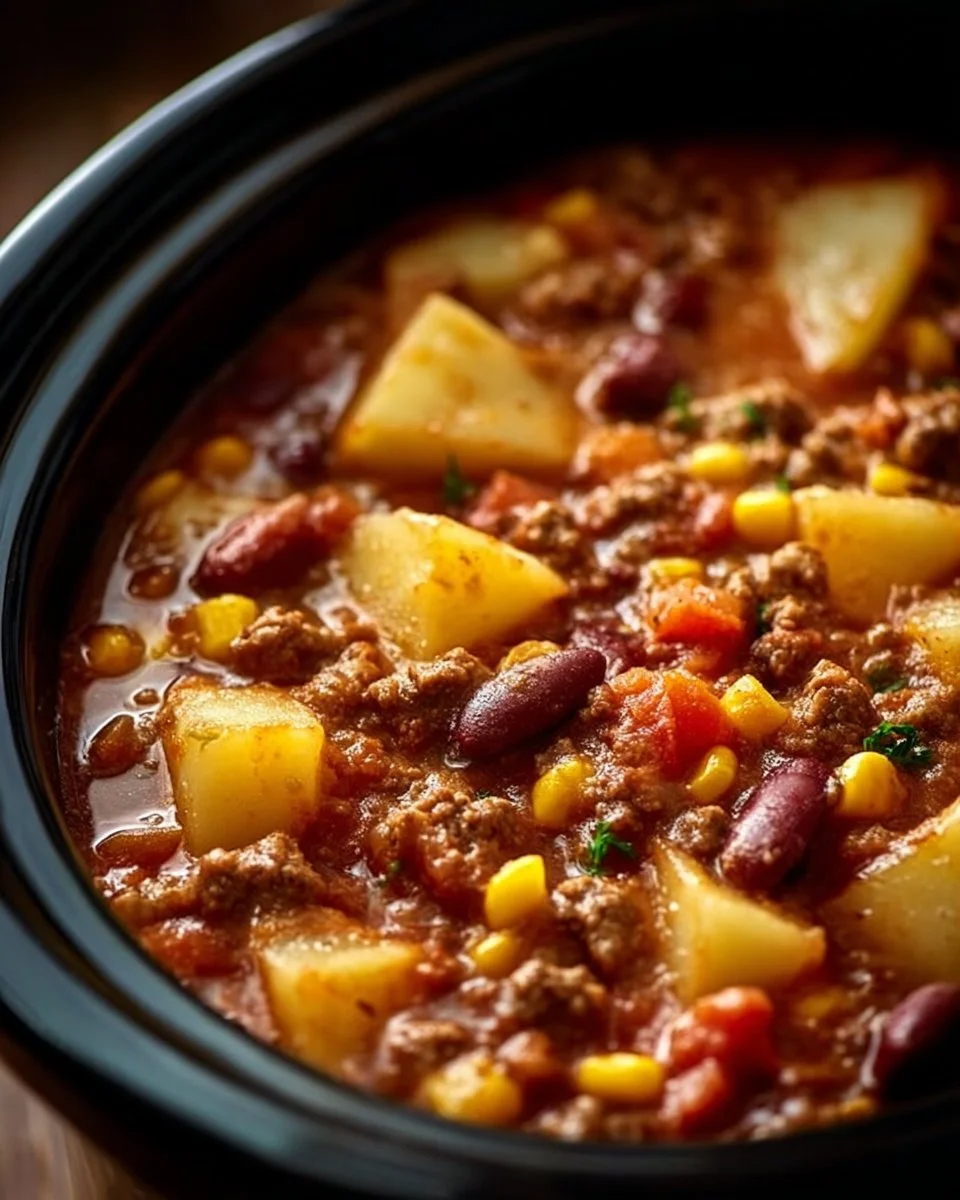 Hearty Slow Cooker Cowboy Casserole served in a bowl with cheese on top.