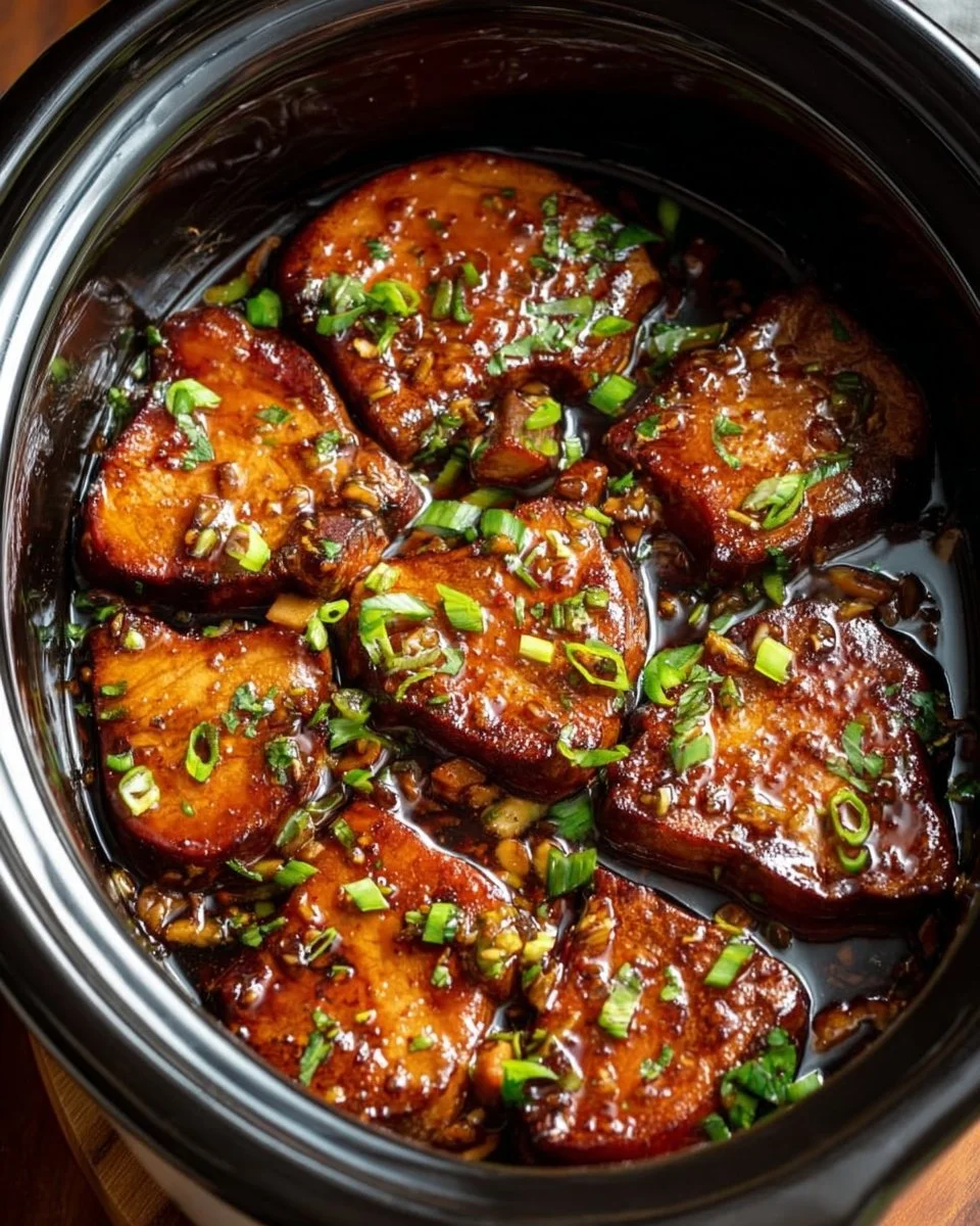 Slow cooker honey garlic pork chops served with vegetables