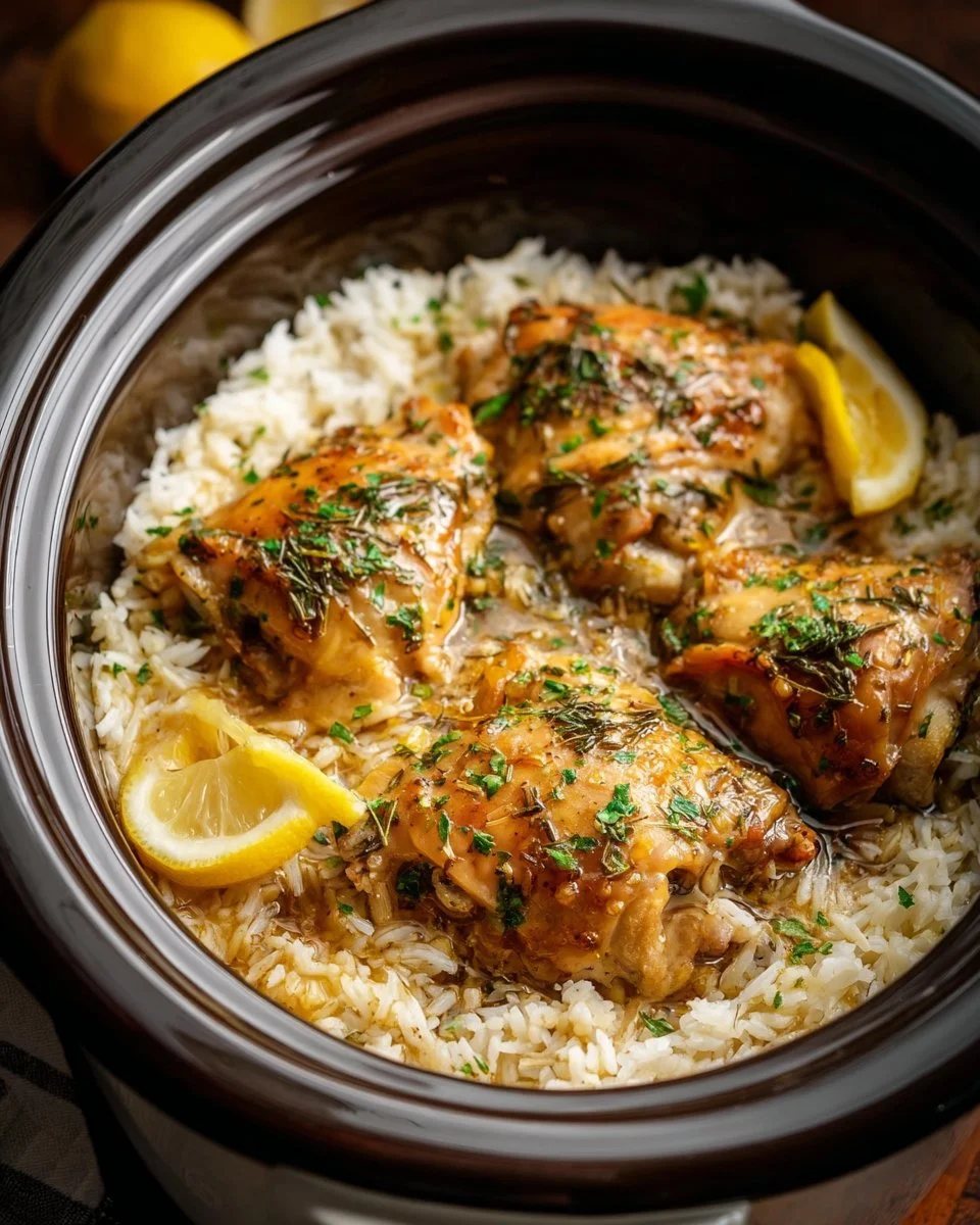 Slow Cooker Lemon Herb Chicken served with fluffy rice on a plate