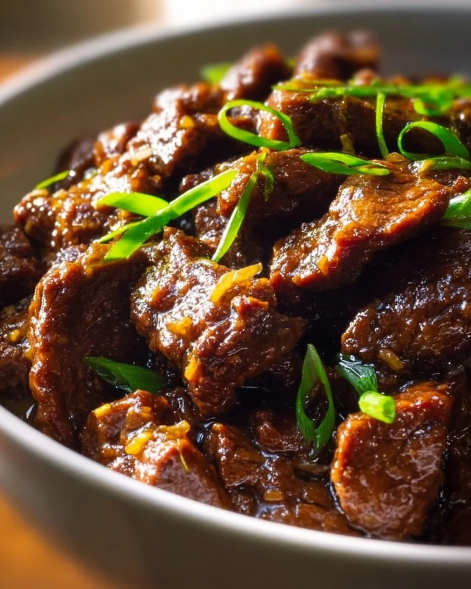 Tender Slow Cooker Mongolian Beef served with vegetables and rice