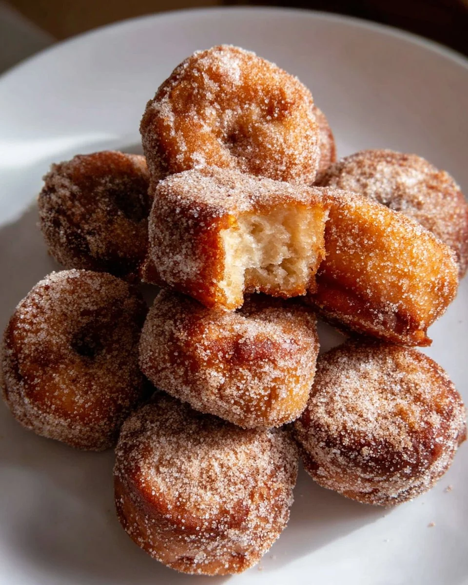 Air Fryer Cinnamon Donuts fresh out of the air fryer, dusted with cinnamon sugar