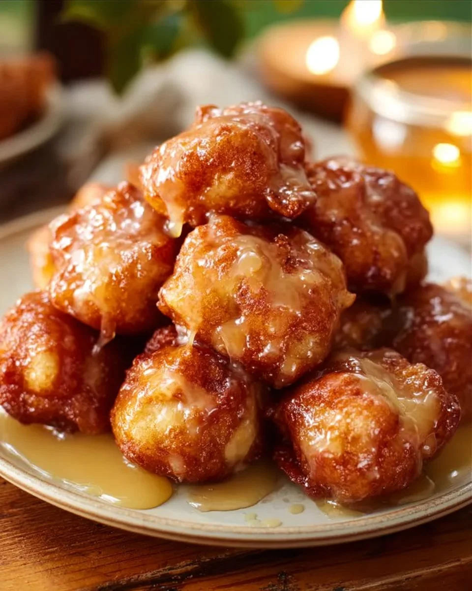 A plate of golden brown Apple Fritter Bites drizzled with icing.
