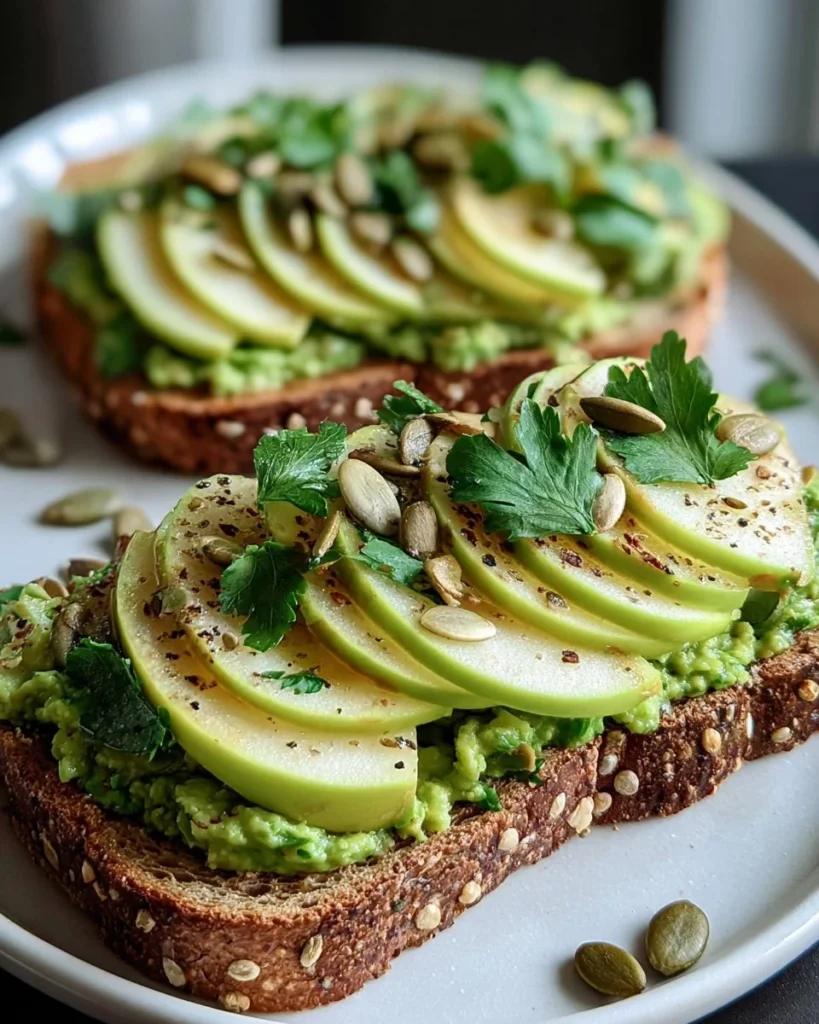 Avocado Green Apple Toast topped with fresh ingredients on a rustic plate