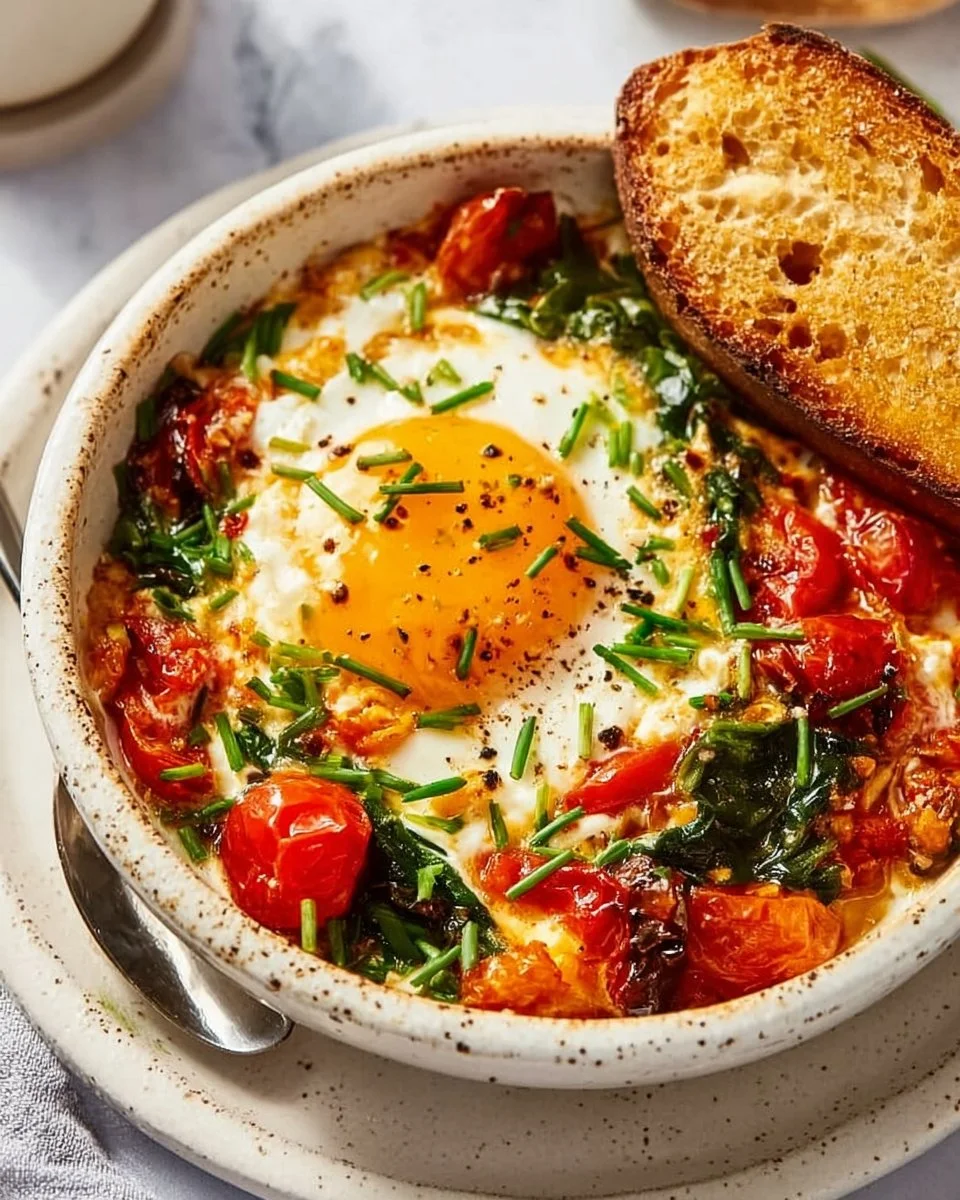 Baked feta eggs with tomatoes and spinach served in a dish