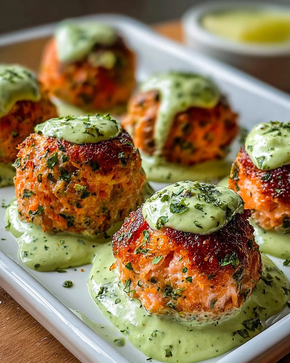 Baked salmon meatballs served with creamy avocado sauce on a plate