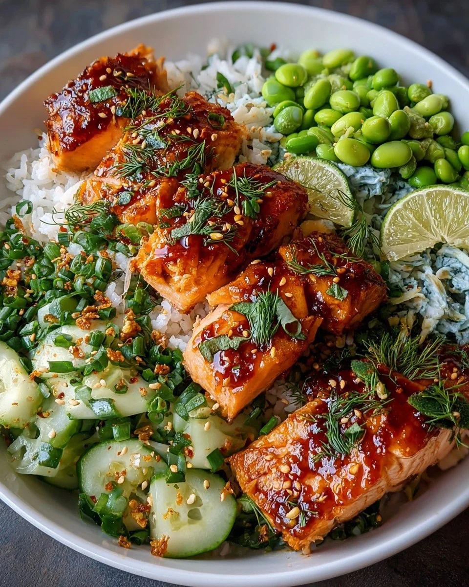 Delicious Bang Bang Salmon Bowl topped with fresh ingredients and sauces