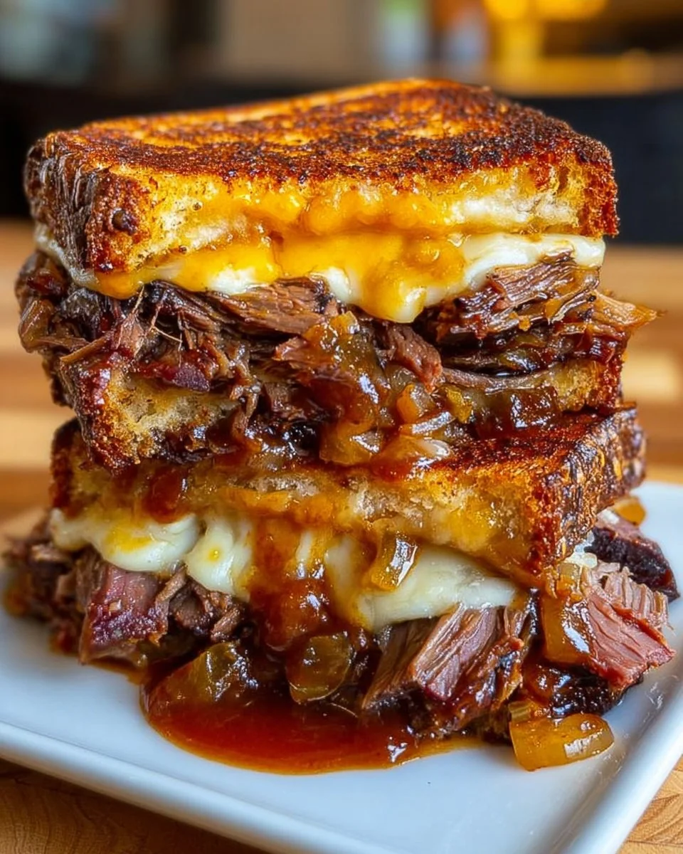 BBQ brisket melt sandwich with melted cheese on toasted bread