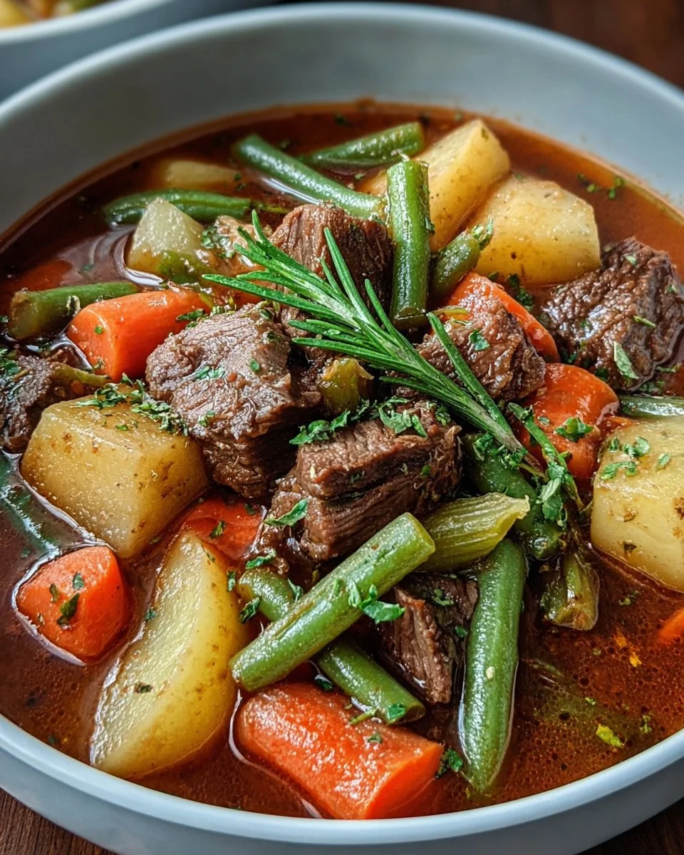 Bowl of delicious beef and vegetable soup with fresh ingredients