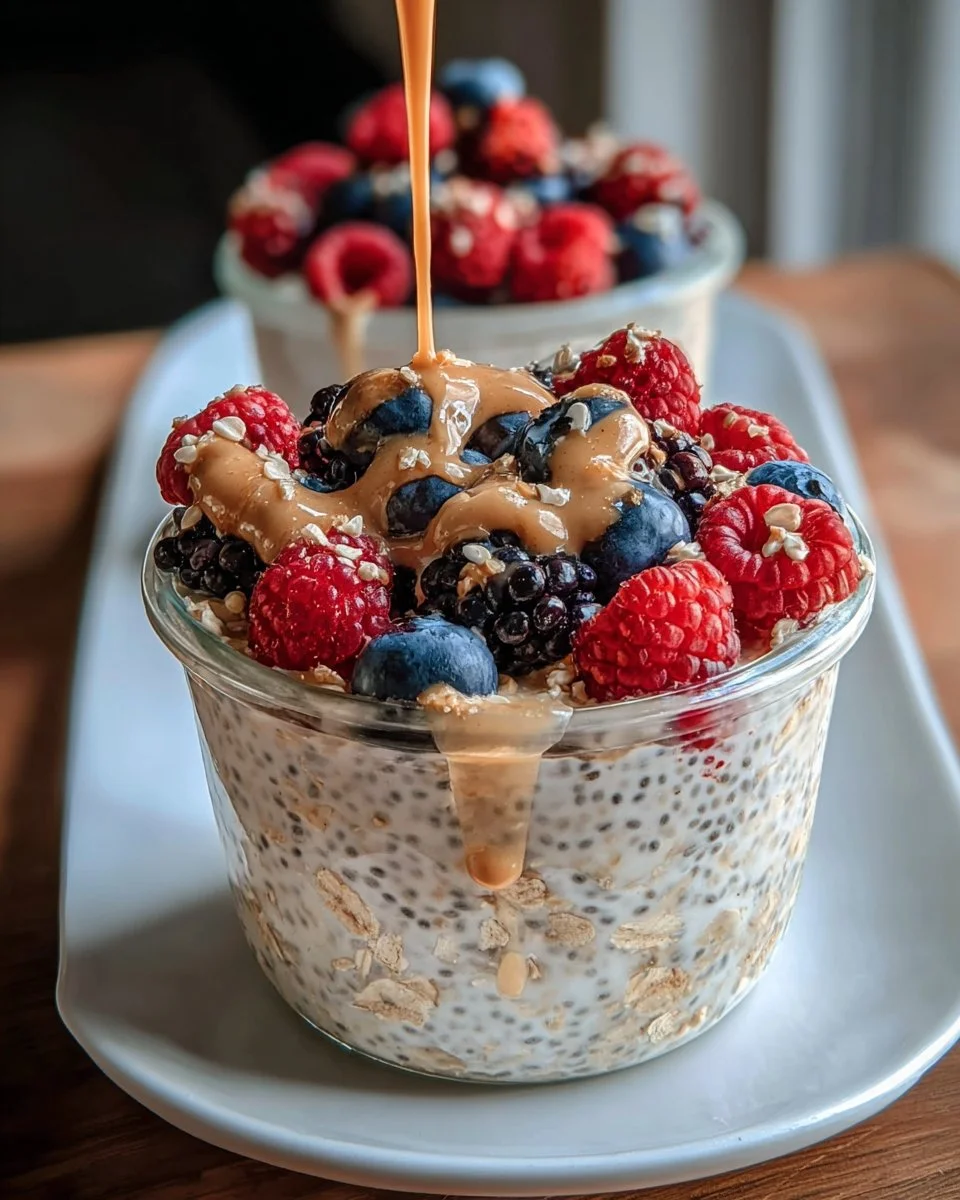 Berry Overnight Oats topped with almond butter and fresh berries in a jar.