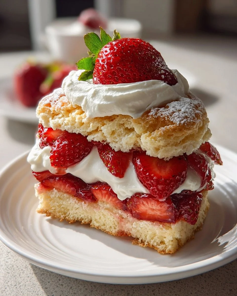 Delicious strawberry shortcake served with fresh strawberries and whipped cream.