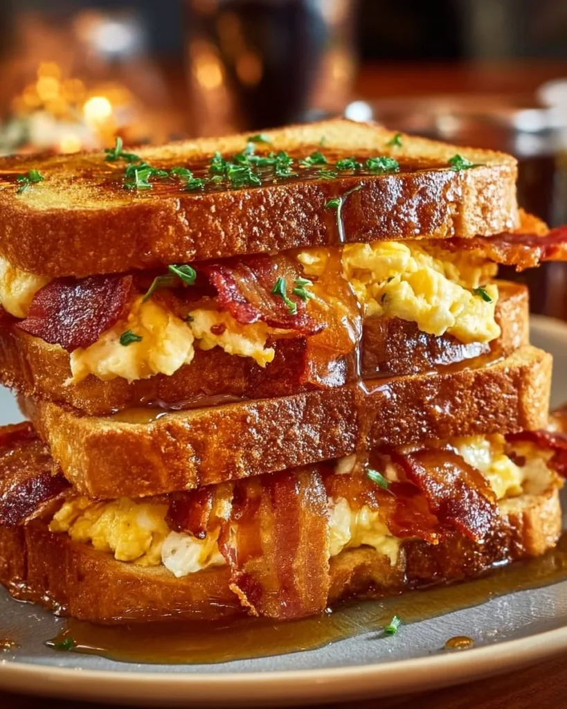 Delicious Bourbon Maple Bacon Stuffed Toast garnished with maple syrup and crispy bacon
