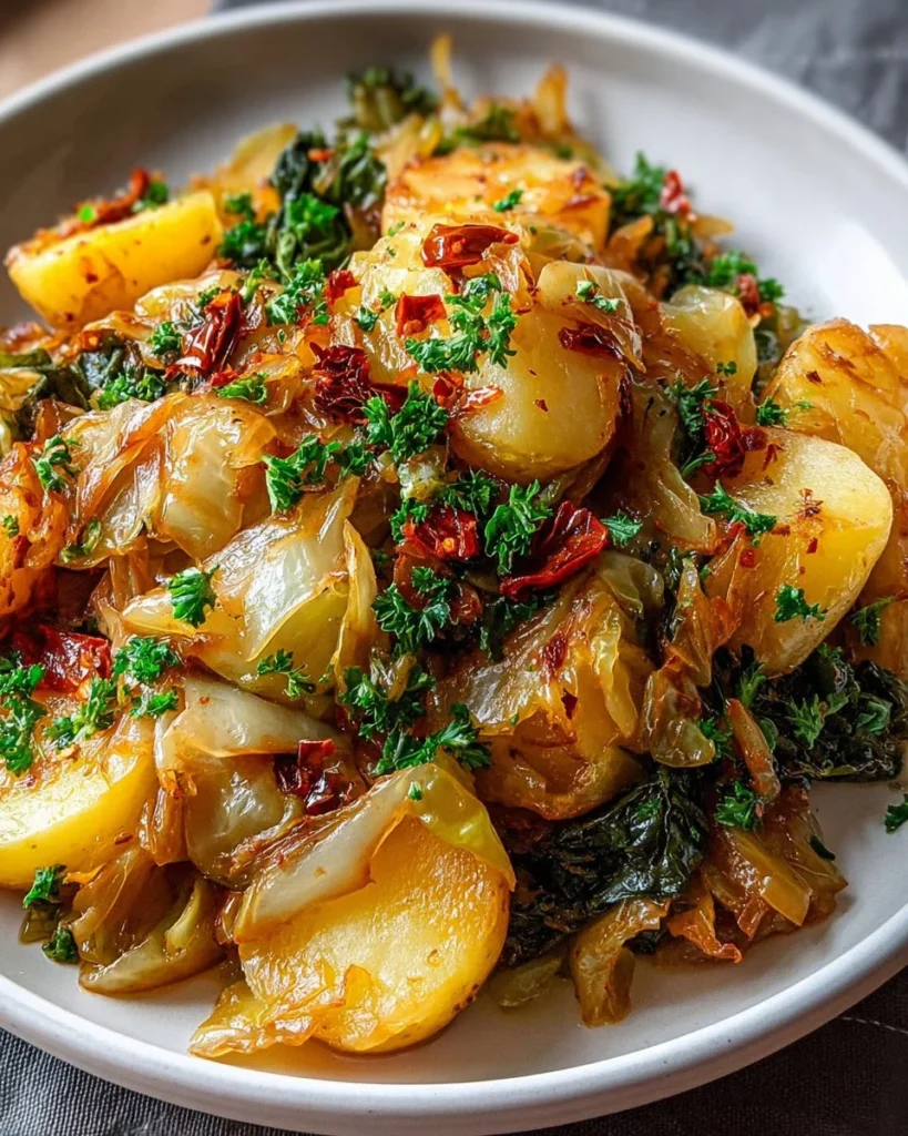 Plate of braised cabbage with potatoes and chili garnished with herbs