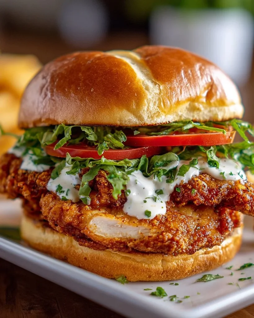 Cajun crispy chicken sandwich topped with garlic aioli and fresh greens