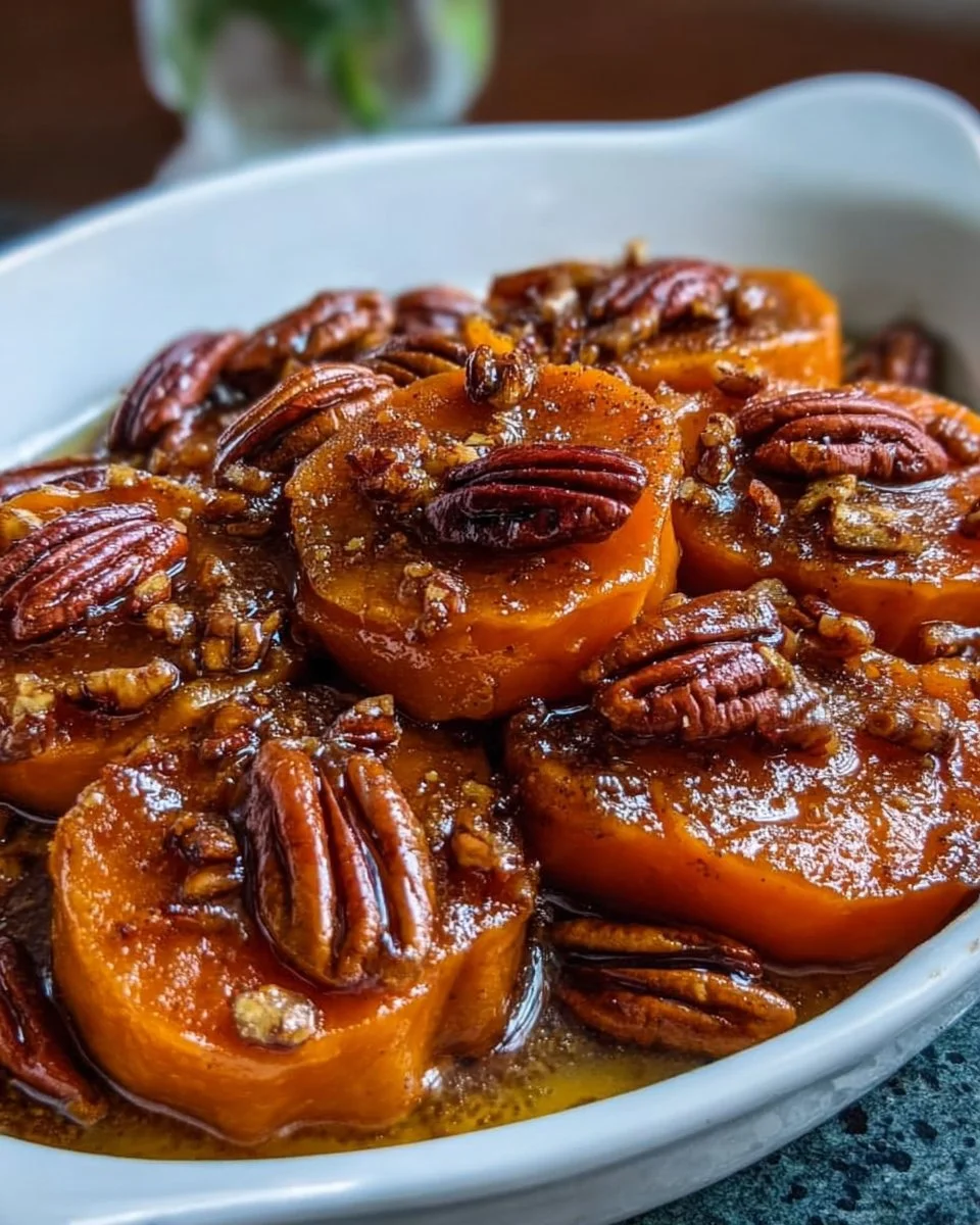 Deliciously sweet candied yams served in a festive dish.