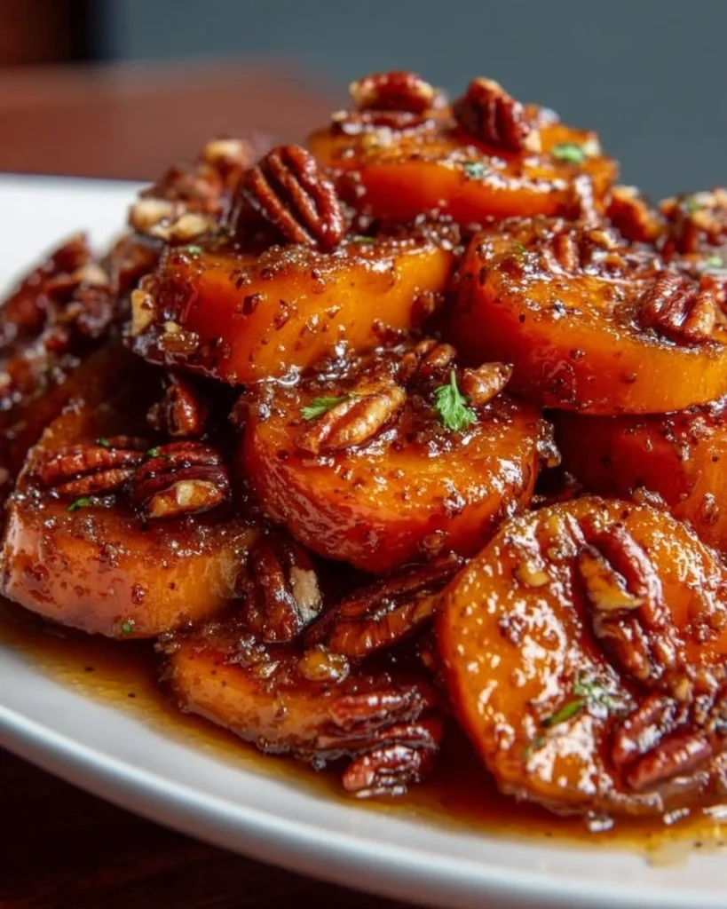 Bowl of candied yams topped with toasted pecans