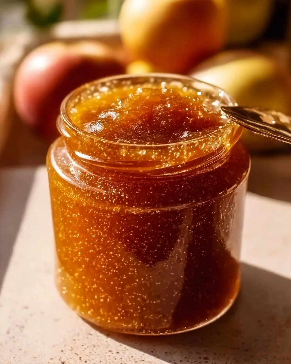 Homemade caramel apple jam in a jar with apples and caramel sauce.