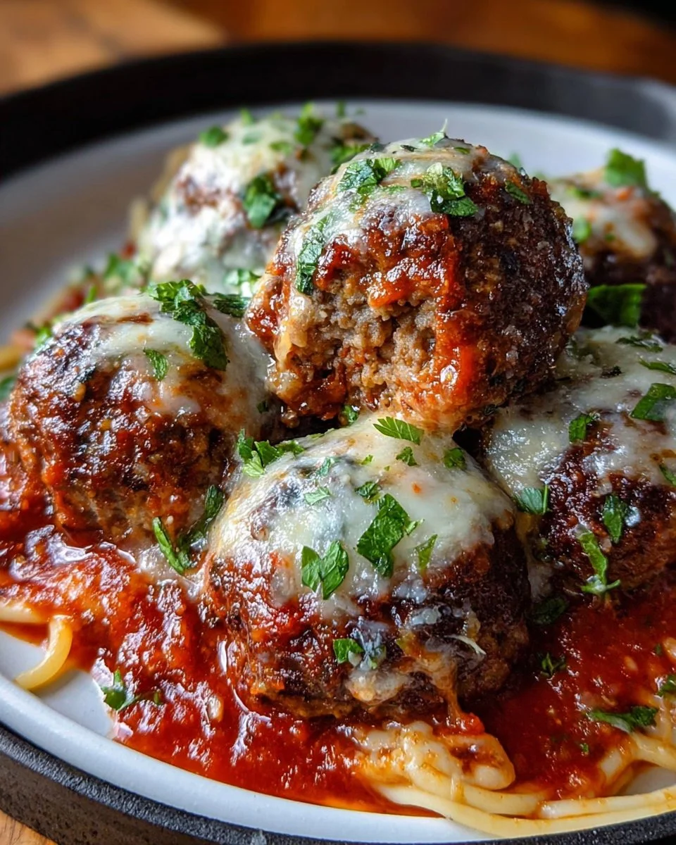 Cheesy garlicky meatballs with marinara sauce served in a bowl