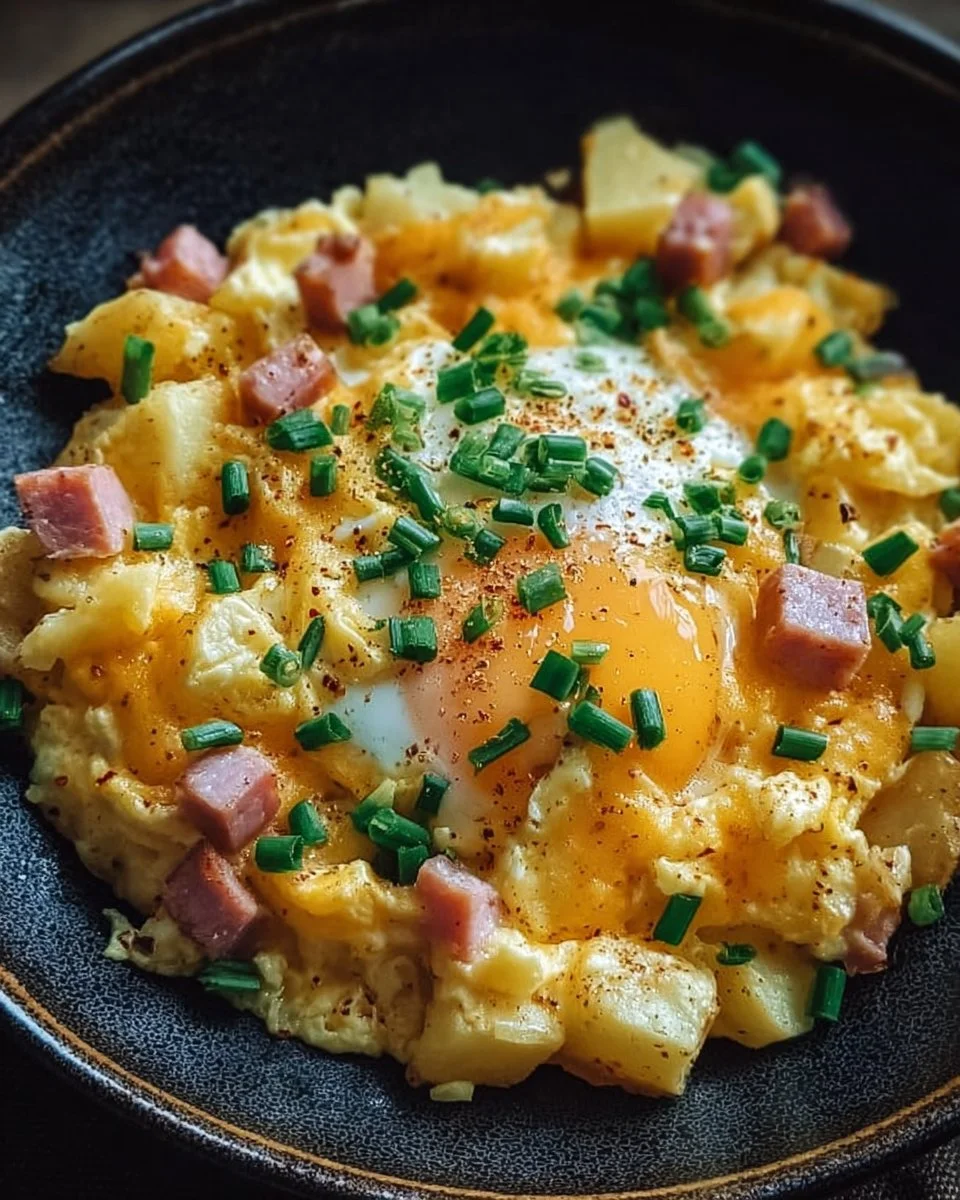 Delicious cheesy potato egg scramble served in a bowl