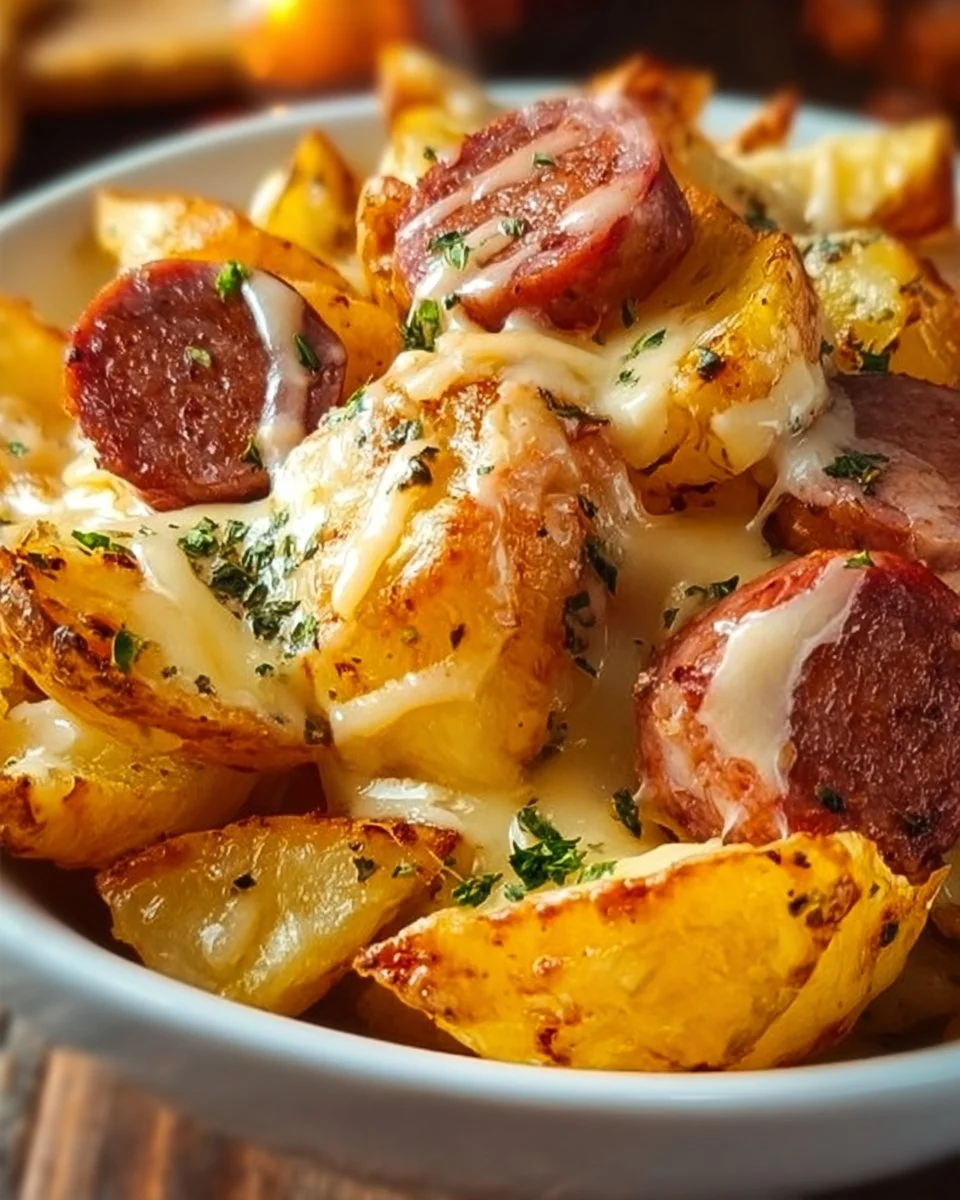 Cheesy Ranch Potatoes with Smoked Sausage in a casserole dish