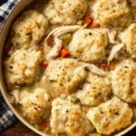 A hearty bowl of Chicken and Dumplings with rich broth and fluffy dumplings.
