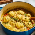 Bowl of homemade chicken and dumplings garnished with herbs