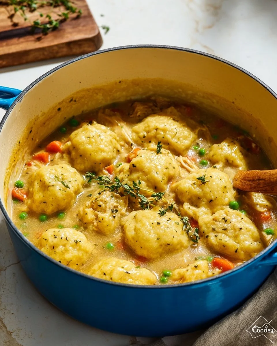 Bowl of homemade chicken and dumplings garnished with herbs