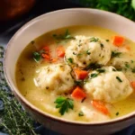 Bowl of Chicken Dumpling Soup with fresh herbs and vegetables