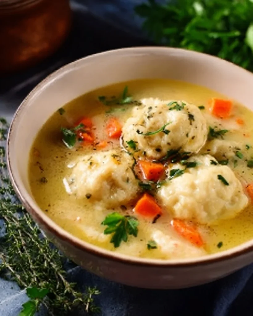 Bowl of Chicken Dumpling Soup with fresh herbs and vegetables