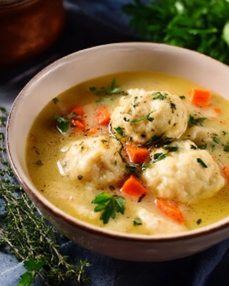 Bowl of Chicken Dumpling Soup with fresh herbs and vegetables