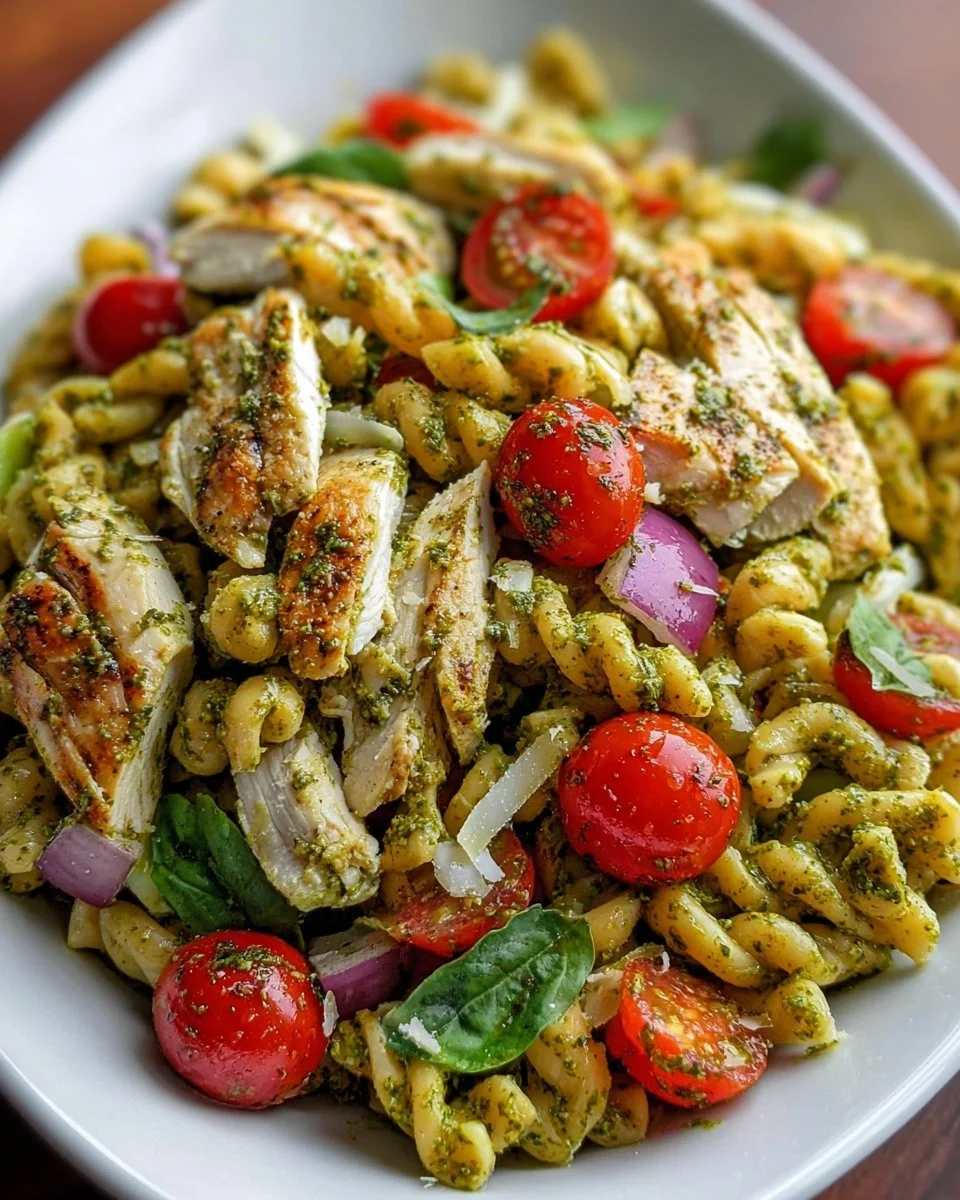 Delicious Chicken Pesto Pasta Salad with vibrant vegetables and herbs