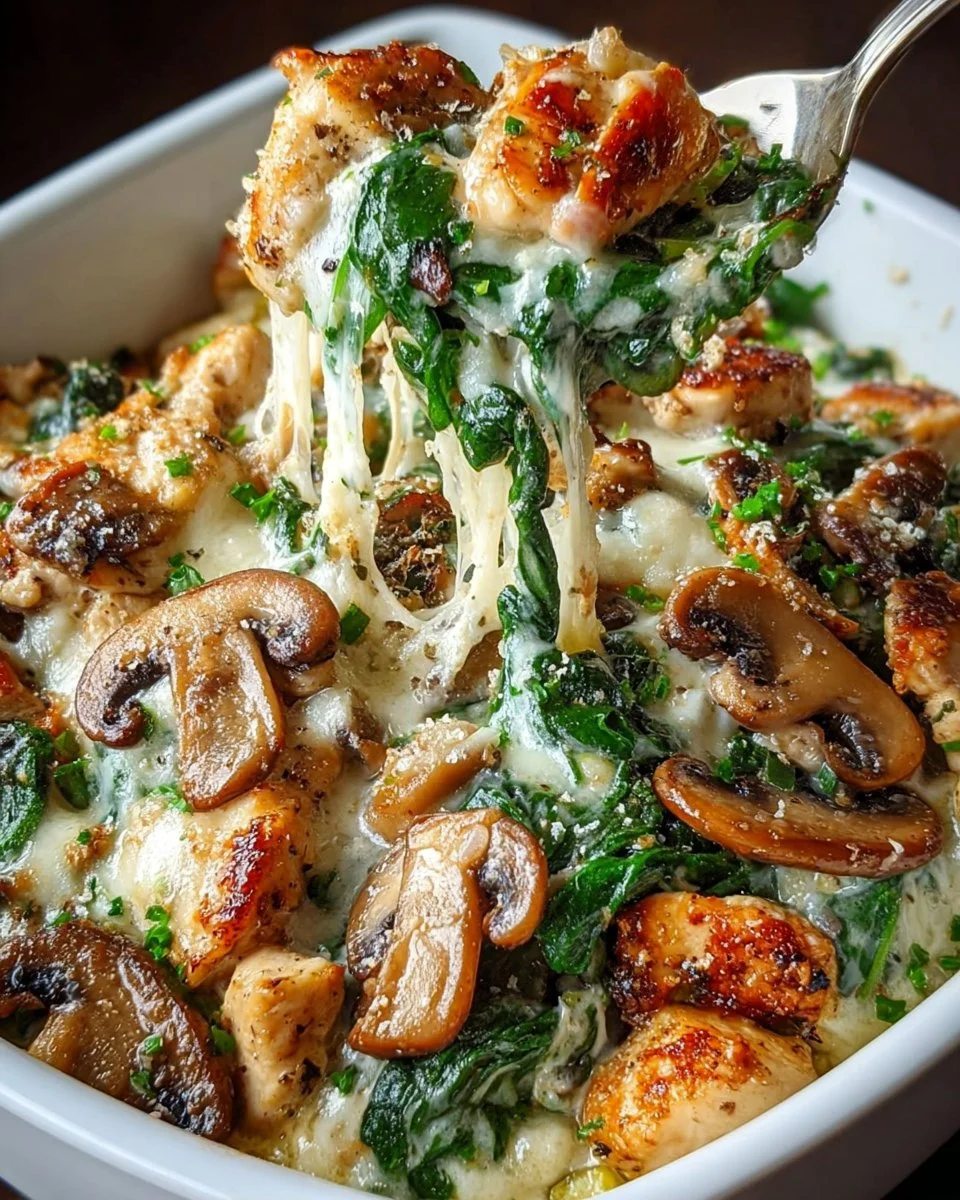 Low carb chicken spinach mushroom oven dish ready to serve
