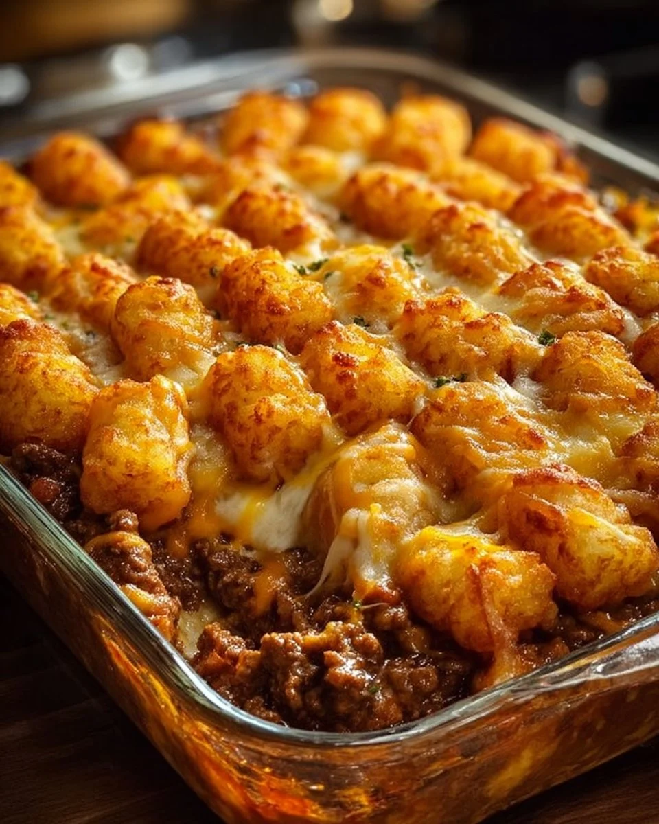 Delicious Chili Cheese Tater Tot Casserole topped with cheese and chili