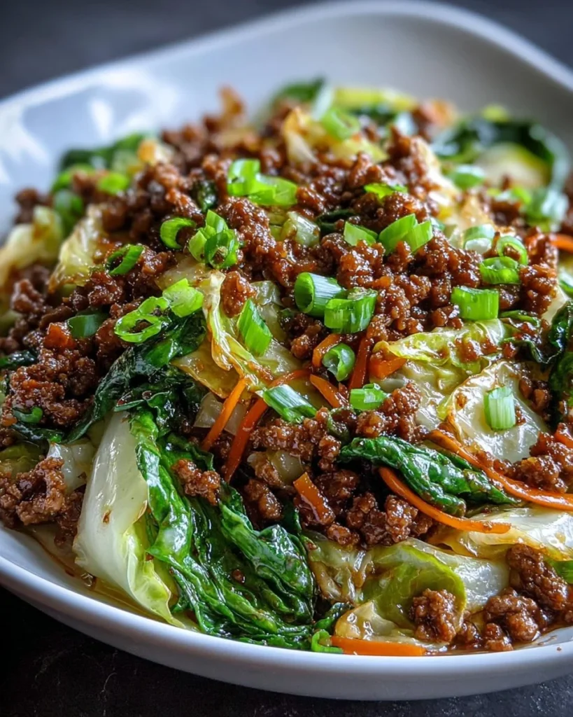 Delicious Chinese Ground Beef Cabbage Stir-Fry garnished with herbs