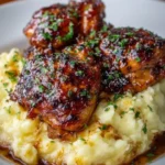 Chipotle honey chicken thighs served with smoked gouda mashed potatoes.