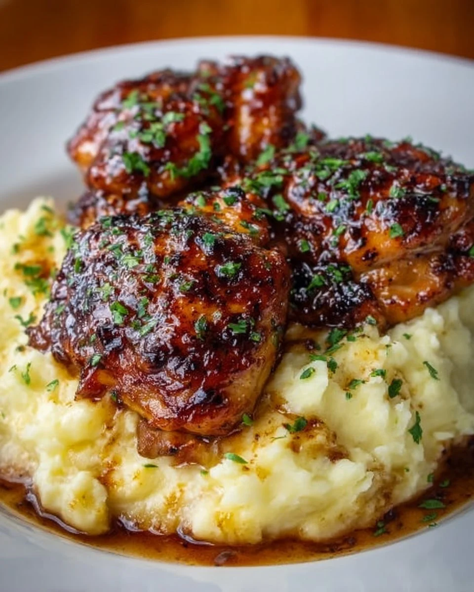 Chipotle honey chicken thighs served with smoked gouda mashed potatoes.