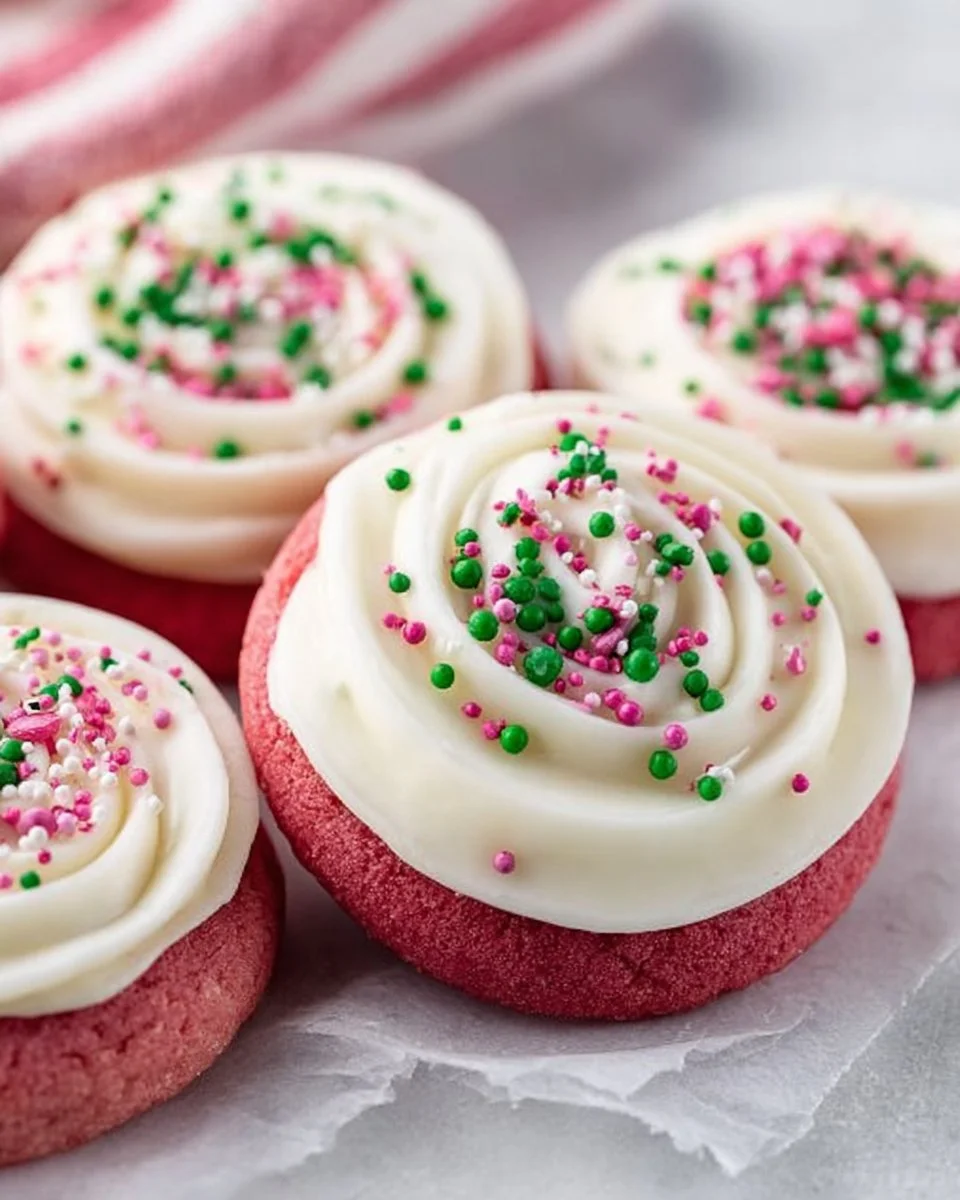 Delicious Christmas pink velvet cookies on a festive plate
